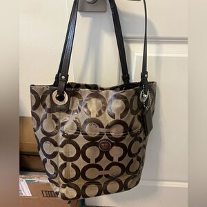 Coach Alex Op Art Brown/Khaki Coated Canvas Tote 14264